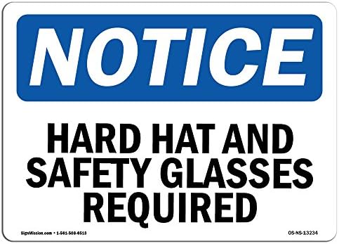 שלט הודעה על OSHA - כובע קשה ומשקפי בטיחות נדרשים | סימן אלומיניום | הגן על העסק שלך, אתר הבנייה, המחסן והחנות שלך | מיוצר